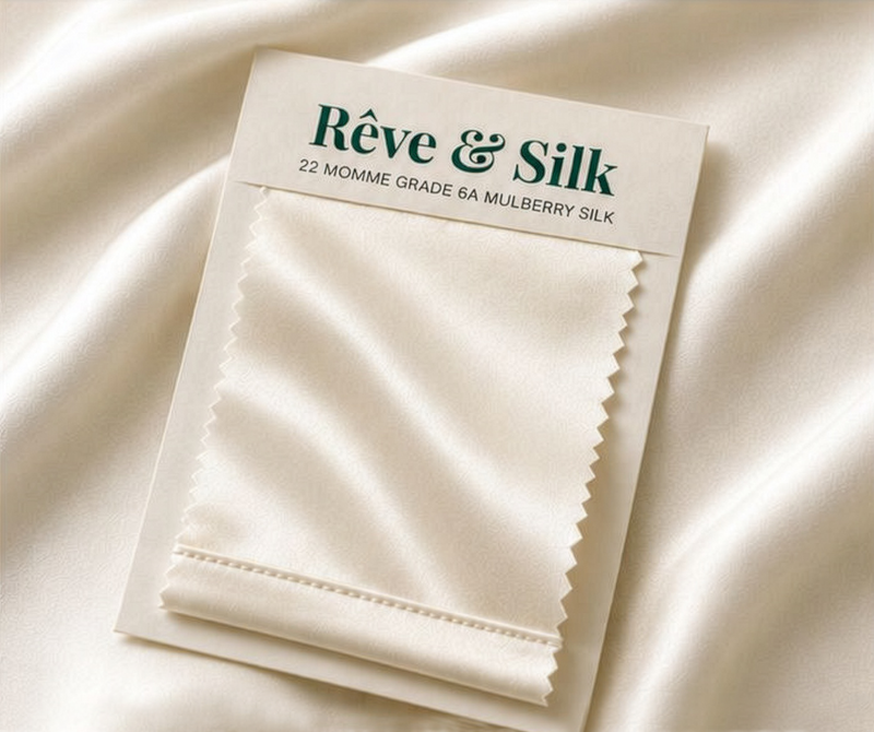 Rêve & Silk swatch card holding a folded ivory mulberry silk sample on draped silk.