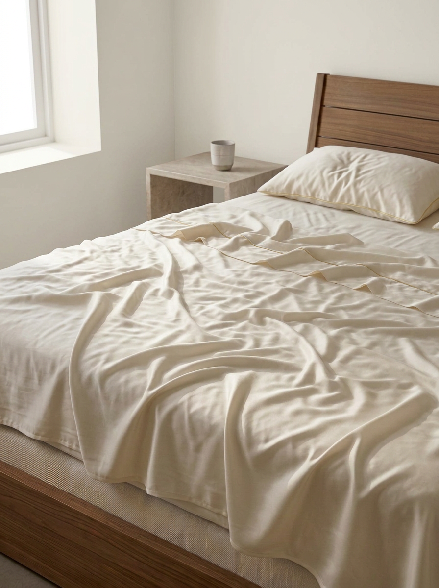 Ivory silk with gold piped edge bedding loosely draped on a wooden bed in a bright room