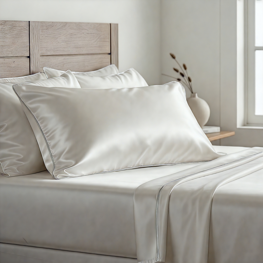 Ivory silk pillowcase and flat sheet with silver piped edges, styled on a bed