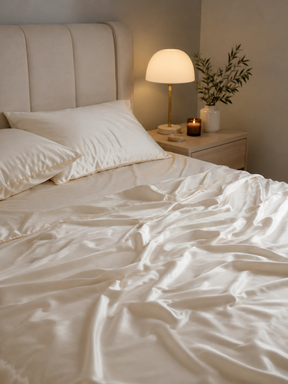 Ivory silk with gold piped edge bedding on a made bed with a bedside lamp and candle