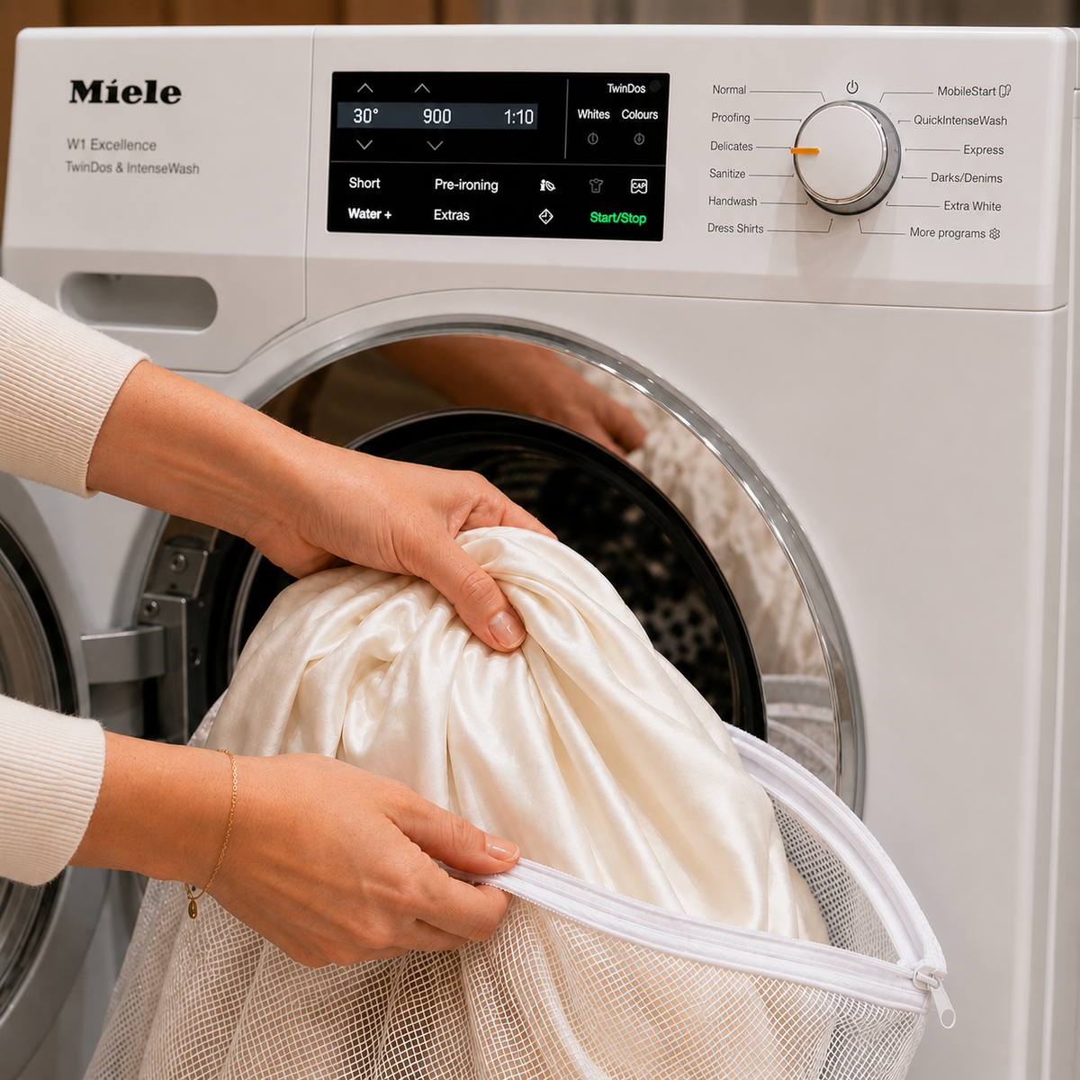 Hands placing silk in a mesh wash bag into a front-loading washing machine