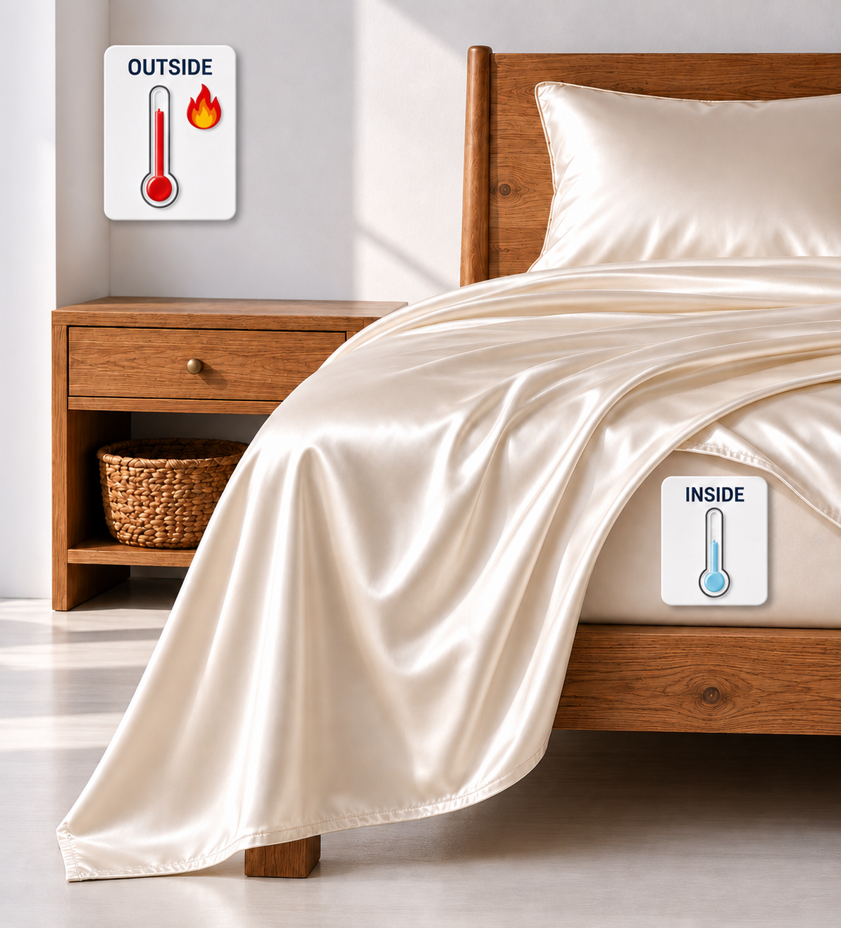 Silk bedding on a wood bed frame with outside-hot and inside-cool thermometer icons